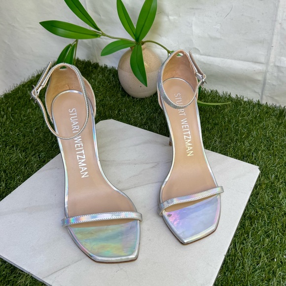 Stuart Weitzman Nudistcurve iridescent Silver Patent leather Ankle strap size 8 - Picture 8 of 15